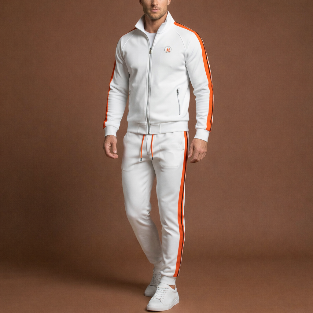 Stylish men's embroidered tracksuit. Perfect gym wear & athletic outfit with a modern streetwear vibe.