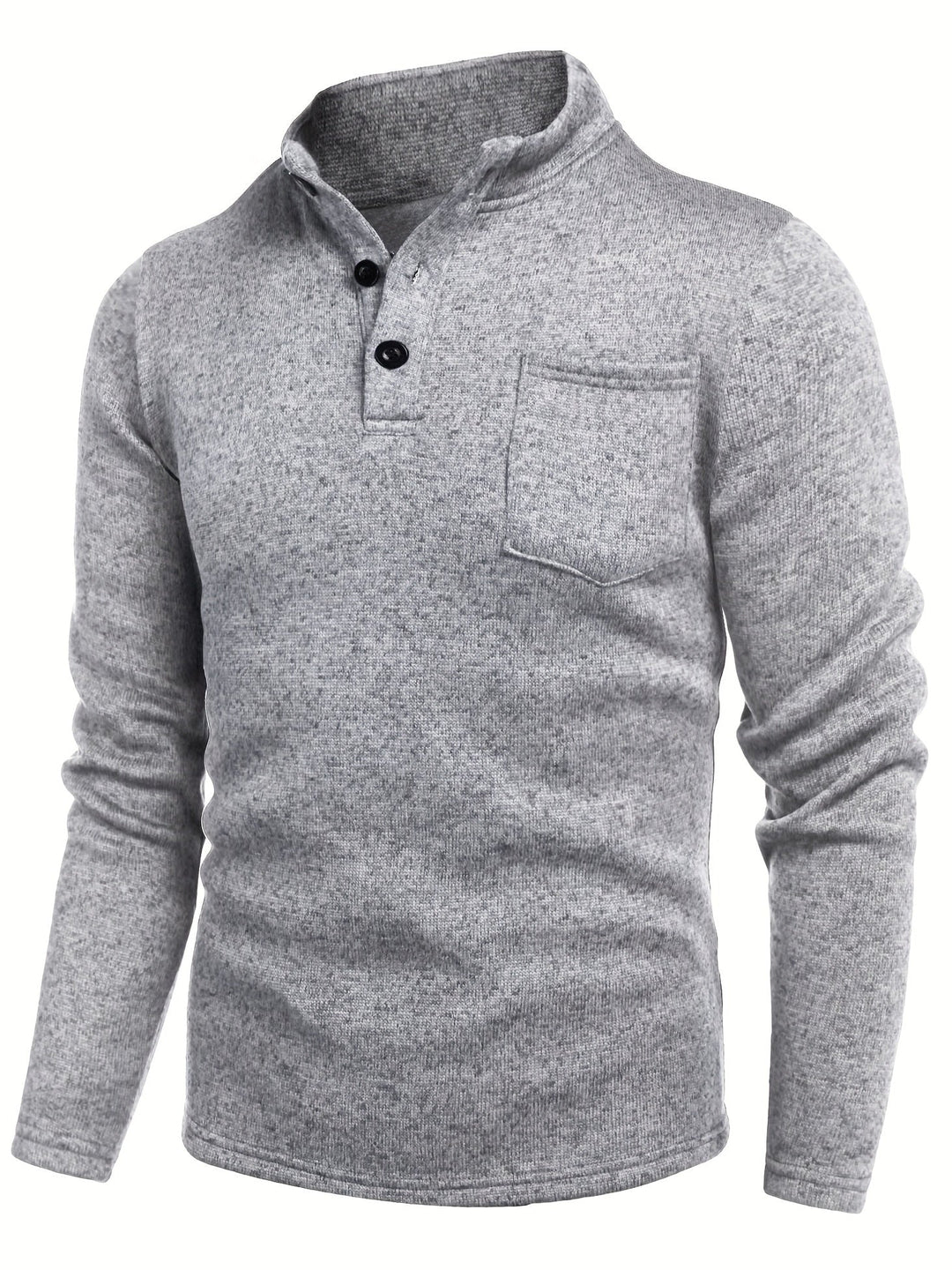 Man wearing a light grey essential long sleeve shirt, perfect for casual everyday outfits, stand collar detail.