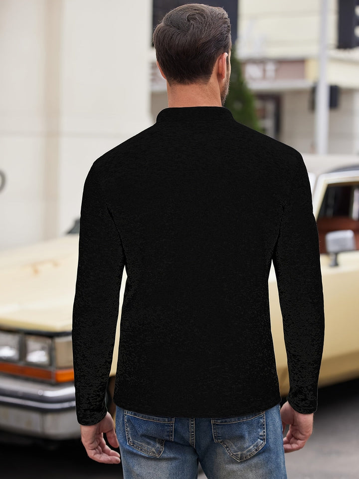 Folded men's essential light grey long sleeve shirt, a comfortable casual top with a stylish stand collar.