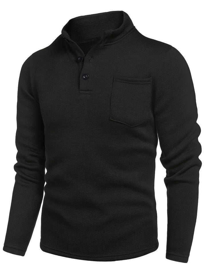 Stylish black men's long sleeve top, an essential shirt with a stand collar and practical chest pocket for everyday.