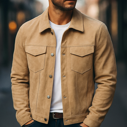 Stylish men's fall fashion jacket with button-front closure. Perfect versatile outerwear.