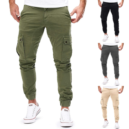 Close-up of the durable fabric on Men's Everyday Comfort Cargo Joggers, highlighting cargo pockets and stretch.