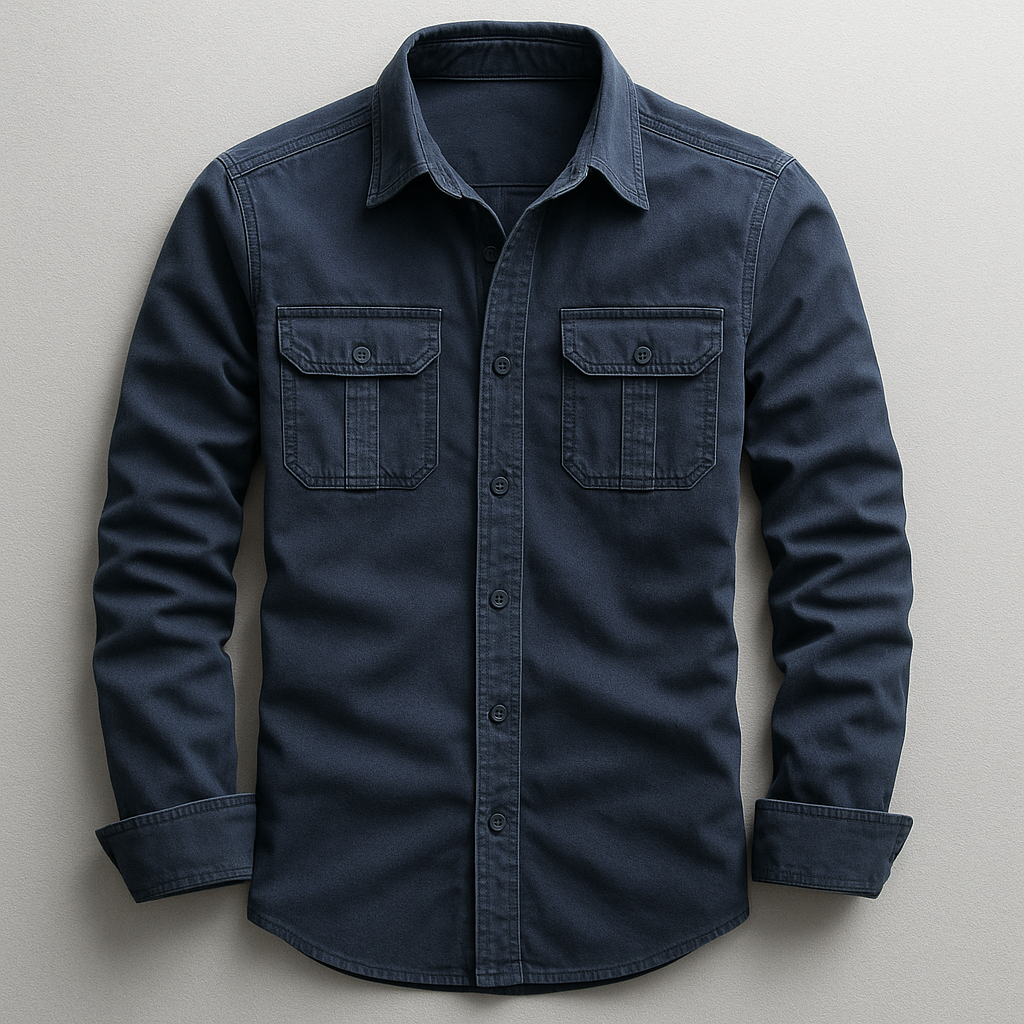Close-up of a men's collared button-up tailored shirt. Showing long-sleeve detail, quality fabric for everyday comfort.