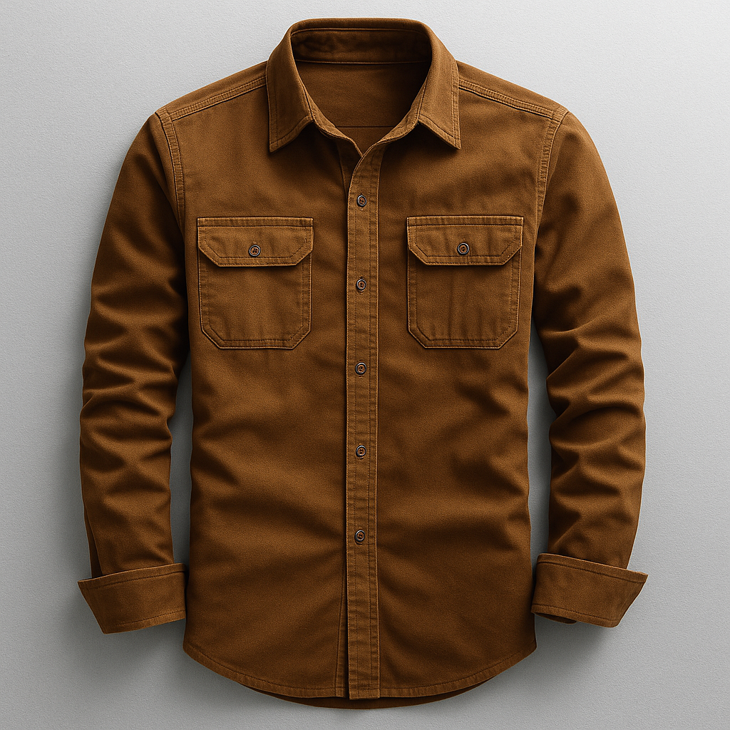 Man wearing a stylish everyday comfort tailored shirt. This long-sleeve button-up is perfect for casual or smart-casual fashion.