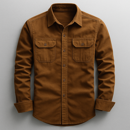 Man wearing a stylish everyday comfort tailored shirt. This long-sleeve button-up is perfect for casual or smart-casual fashion.