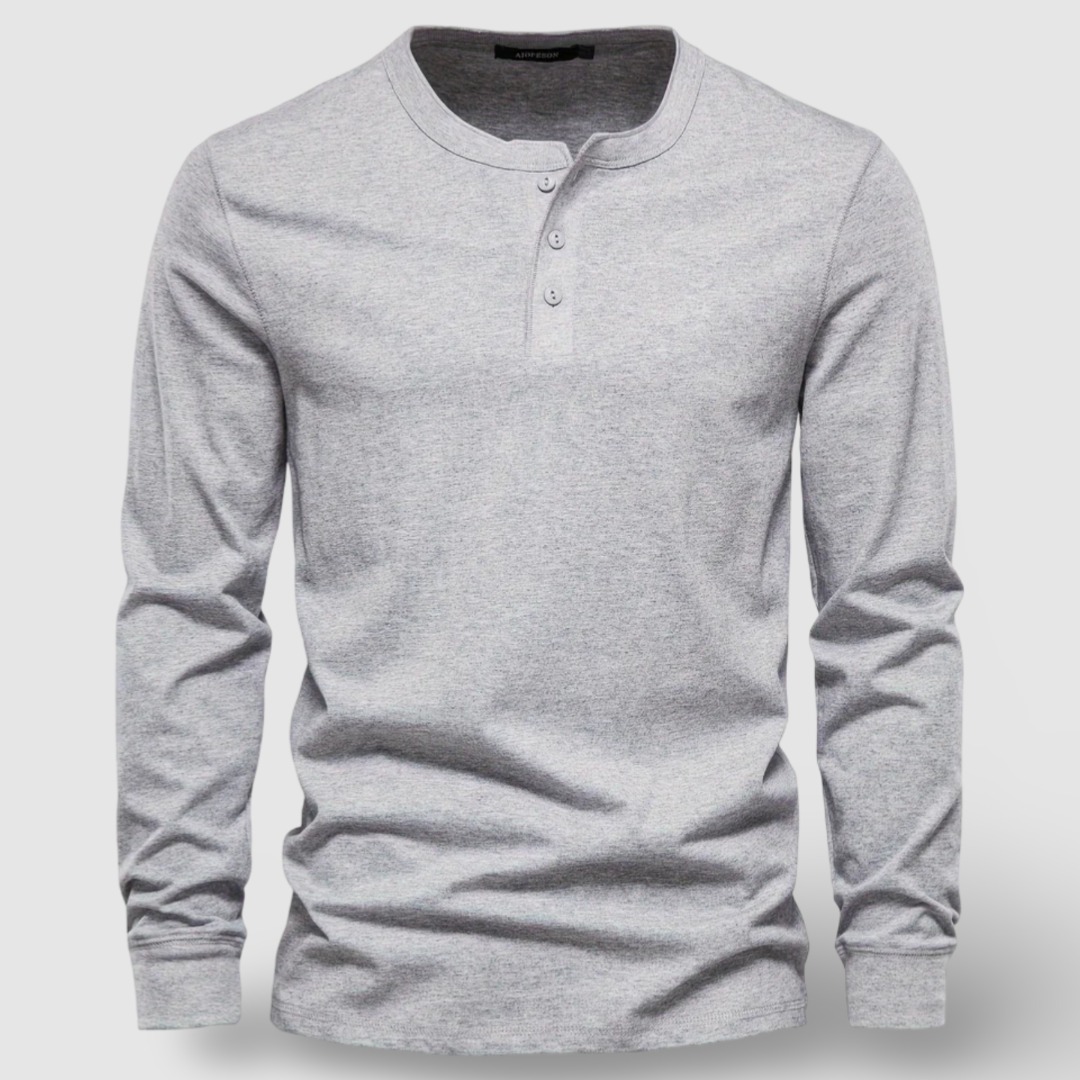 Comfortable men's everyday long sleeve henley top, ideal for casual wear and menswear style.