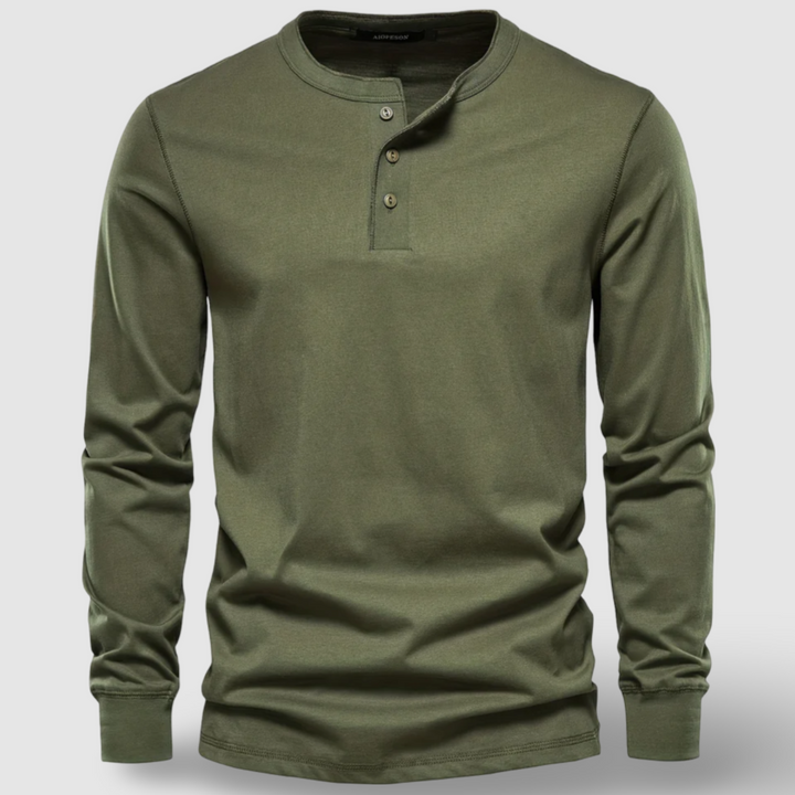 Everyday men's long sleeve henley top, a comfortable and essential casual shirt for menswear.