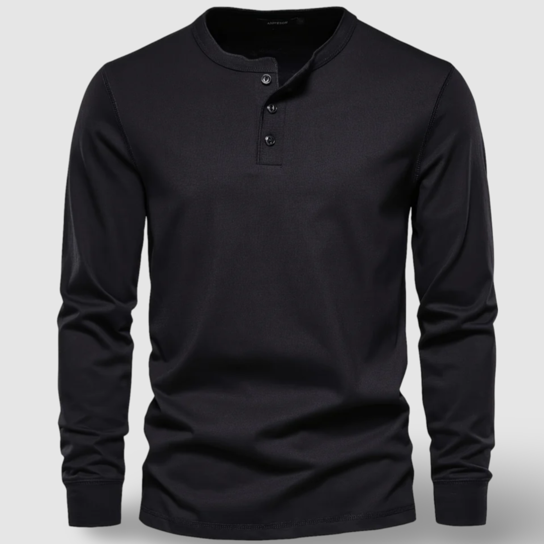 Modern men's long sleeve henley shirt, a casual and buttoned top for versatile daily wear.
