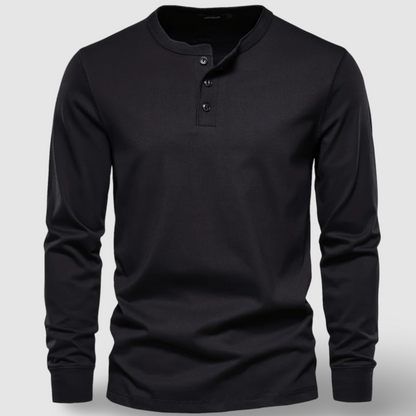 Modern men's long sleeve henley shirt, a casual and buttoned top for versatile daily wear.