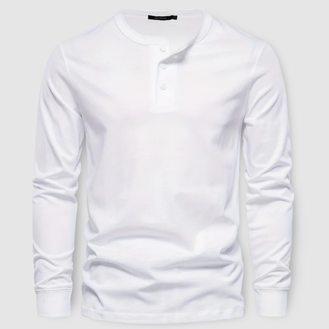Durable men's everyday long sleeve henley top, a casual shirt perfect for layering menswear.