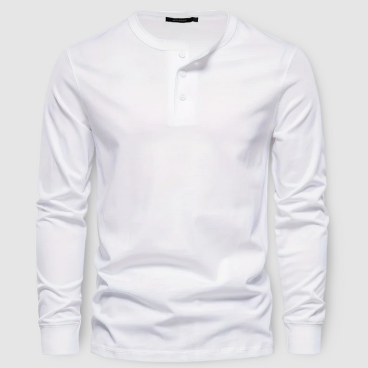 Durable men's everyday long sleeve henley top, a casual shirt perfect for layering menswear.