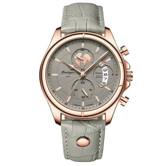 Men's Executive Chronograph Watch with black leather strap. Sophisticated quartz dress timepiece for business.