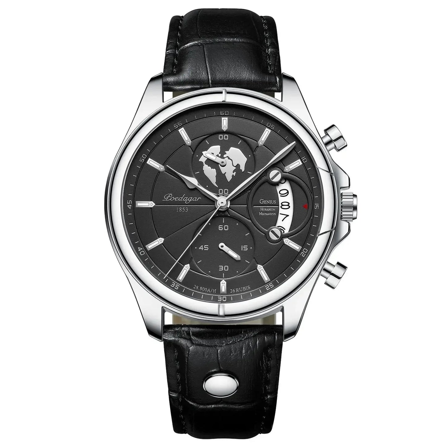 High-quality men's business watch. Chronograph with sleek dial, rich leather strap, and executive appeal.