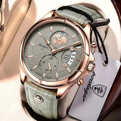 Classic men's formal chronograph watch featuring a genuine leather strap and elegant dial design.