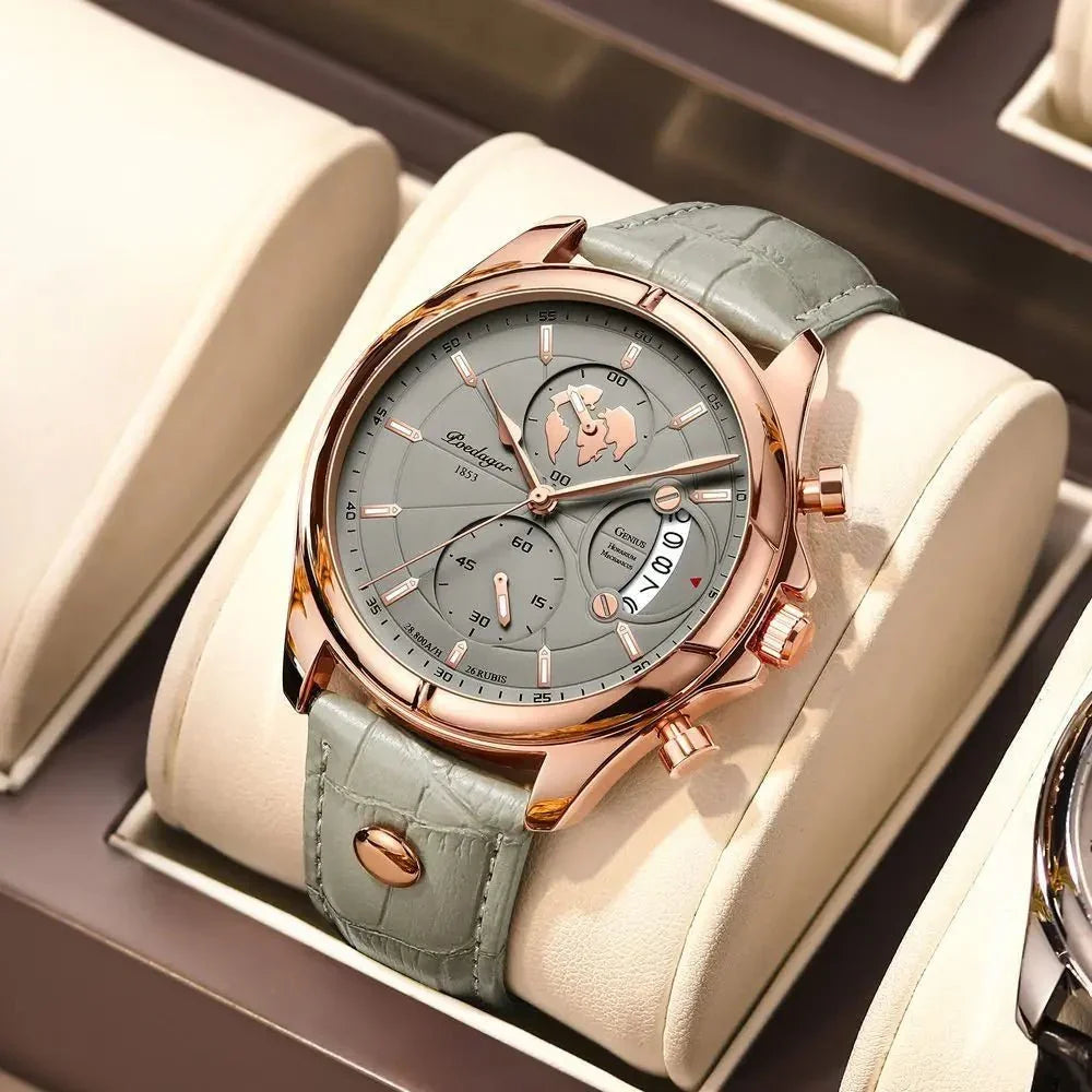 Sophisticated men's dress watch, a precision quartz chronograph with a comfortable leather band.