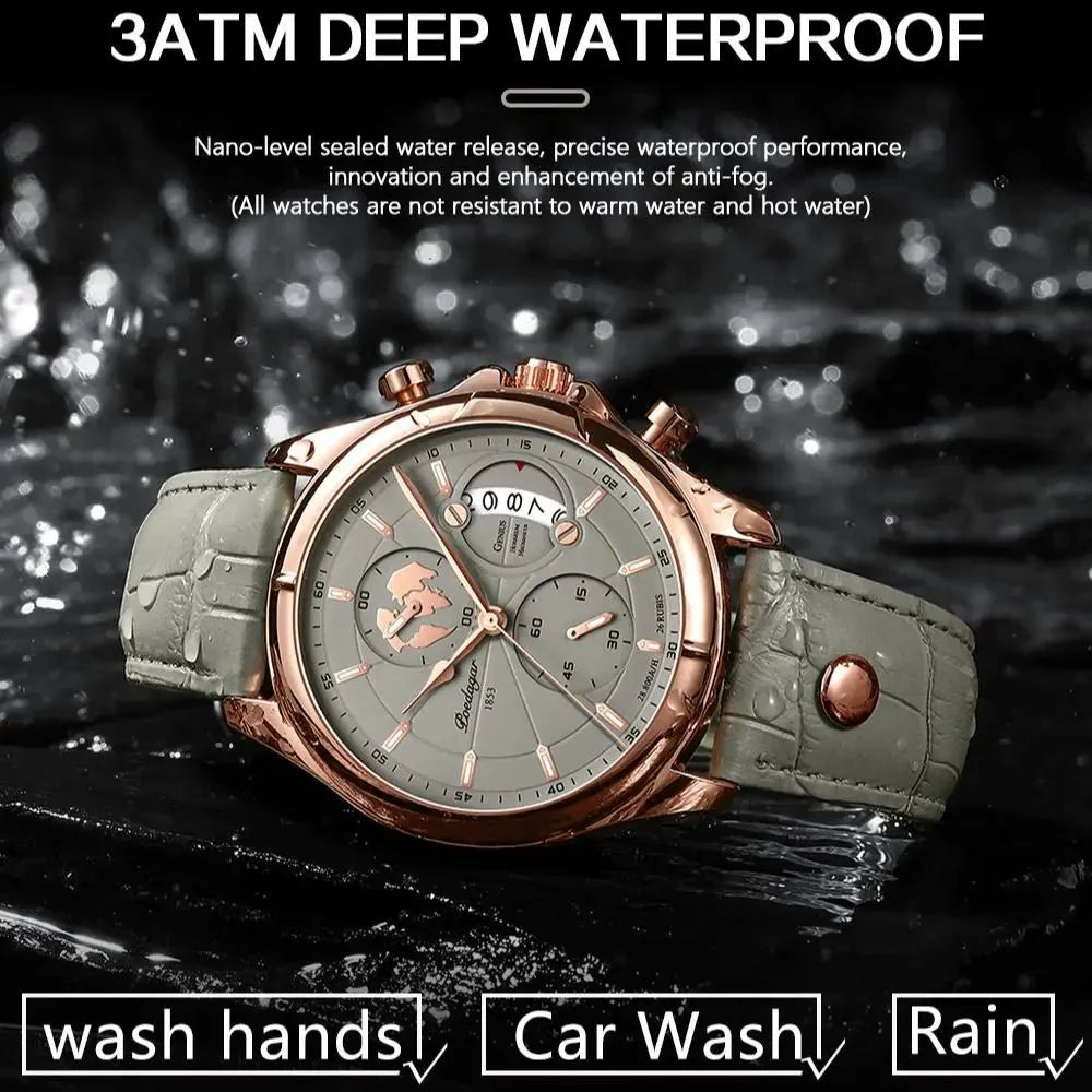 Professional men's executive timepiece, chronograph function, and luxurious leather strap. Ideal for business.