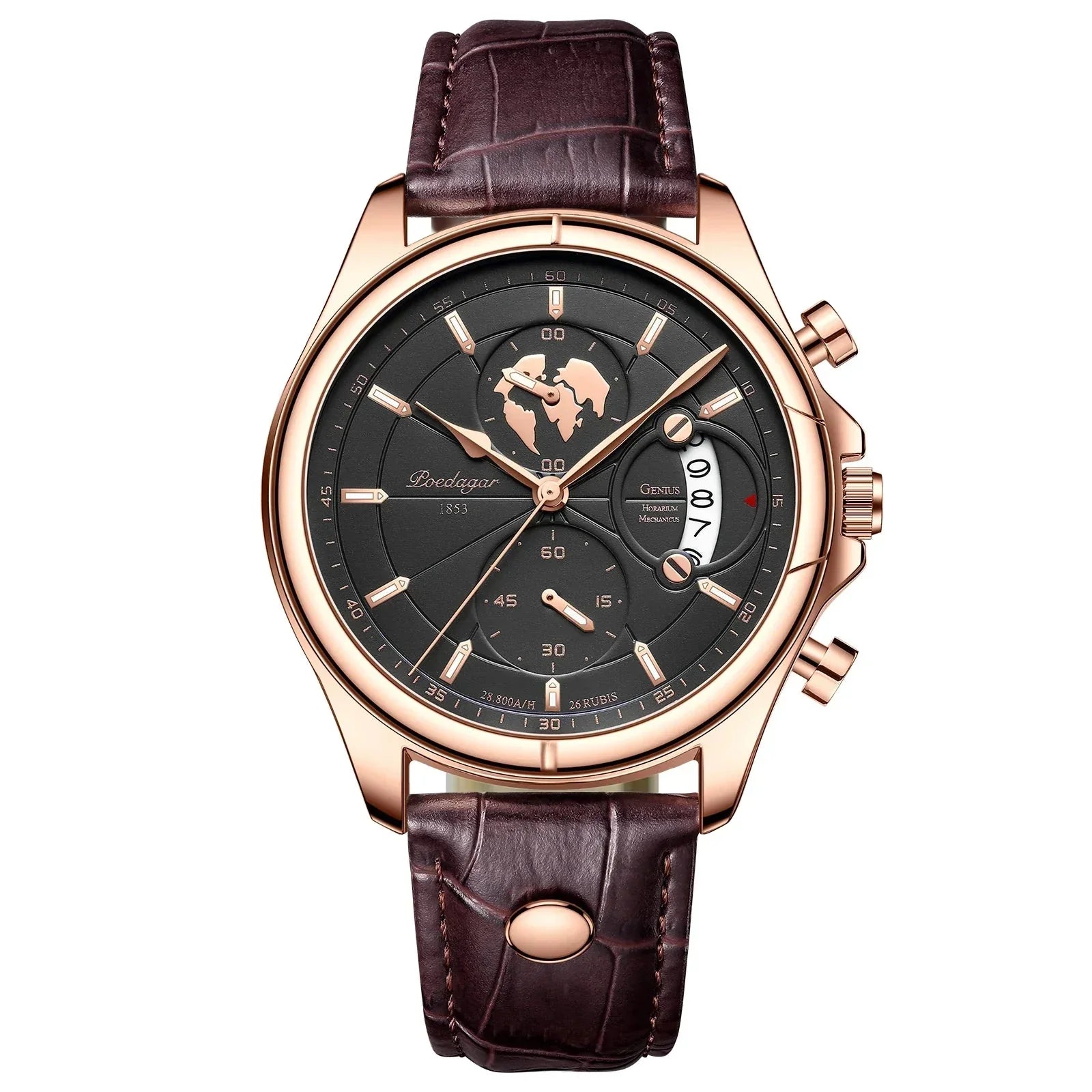 Elegant men's chronograph watch with dark leather strap, perfect for formal and business wear.