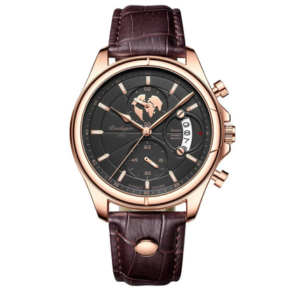 Elegant men's chronograph watch with dark leather strap, perfect for formal and business wear.