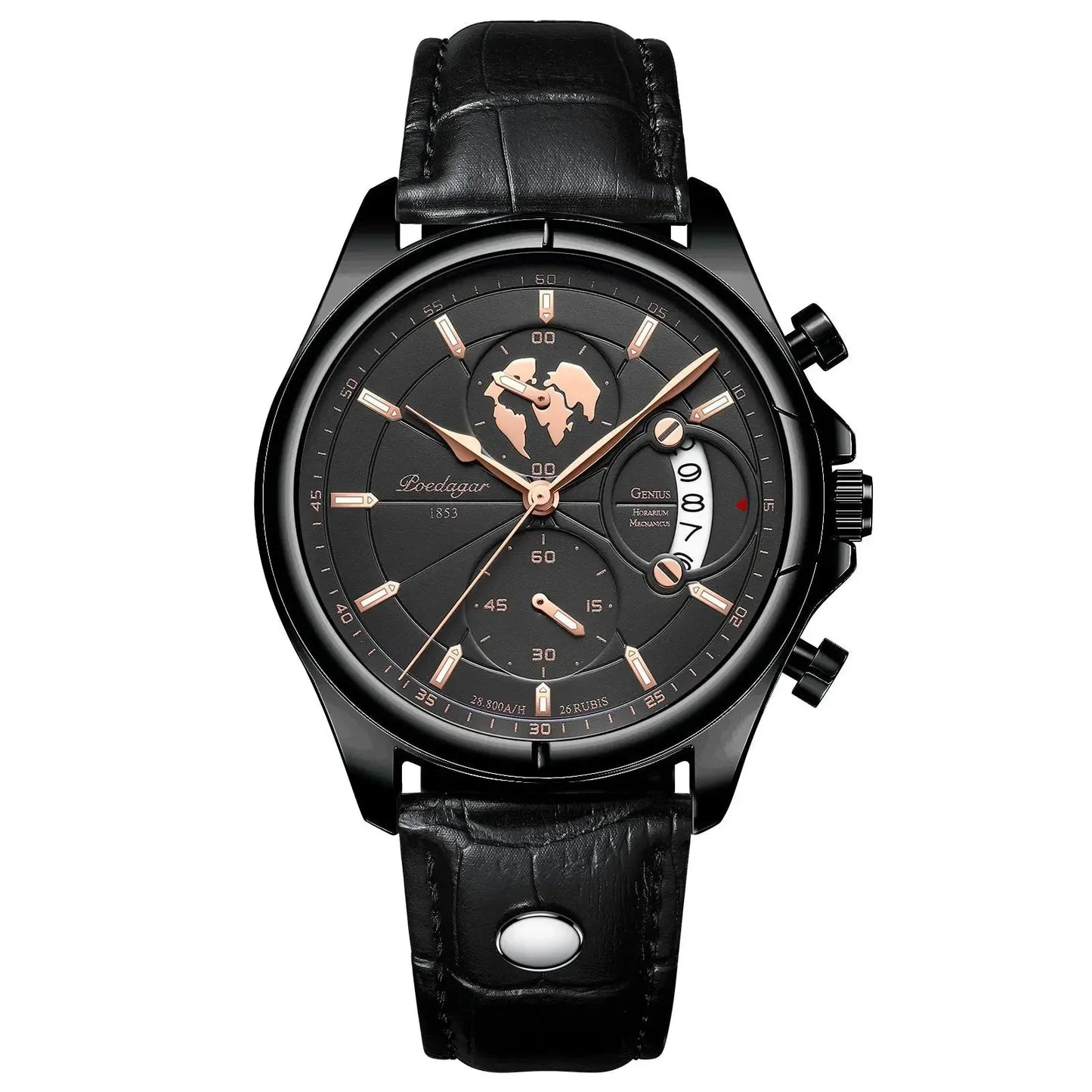 Men's sophisticated chronograph dress watch, excellent for business meetings, with a durable leather strap.