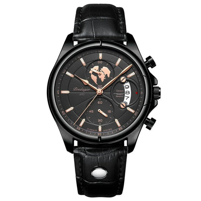 Men's sophisticated chronograph dress watch, excellent for business meetings, with a durable leather strap.