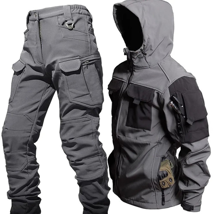 Men's Falk waterproof outdoor jacket & pants set for hiking & trekking. Durable windproof rain gear, all-weather adventure.