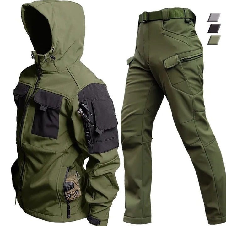 Falk men's all-weather waterproof jacket & pants set. Ideal windproof outdoor gear for hiking, trekking & adventure wear.
