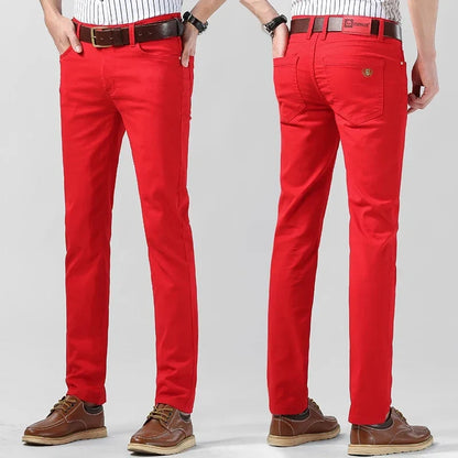 Vibrant men's stretch denim trousers, bold and colorful, perfect for modern casual fashion.