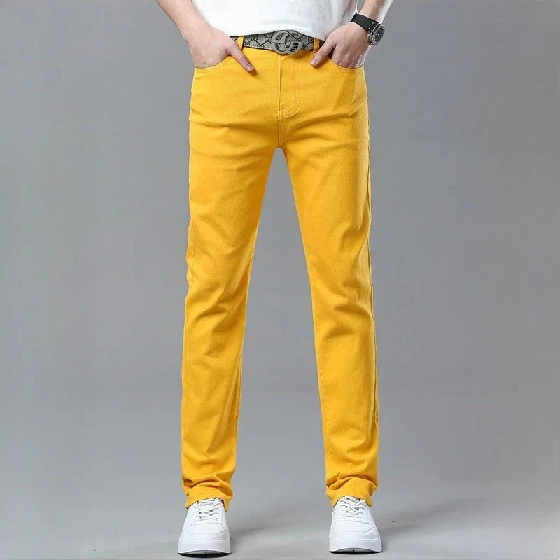 Men's Fireline bold stretch denim trousers, vibrant and colorful, a modern fashion statement.