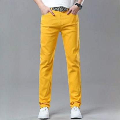 Men's Fireline bold stretch denim trousers, vibrant and colorful, a modern fashion statement.