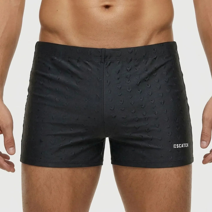 Comfortable men's fitted athletic swim shorts, boxer style for performance and active lifestyle.