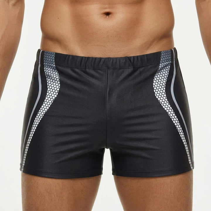 Men's fitted athletic swim shorts, performance boxer trunks for sporty swimwear and comfort.