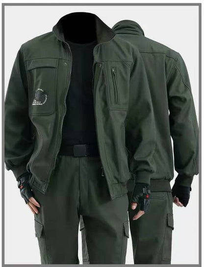 Close up of men's fleece suit with prominent pockets, durable fabric for mountaineering and camping