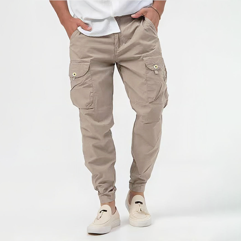 Stylish men's tapered fit cargo joggers. Durable activewear with practical pockets.