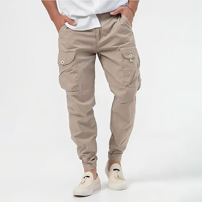 Stylish men's tapered fit cargo joggers. Durable activewear with practical pockets.