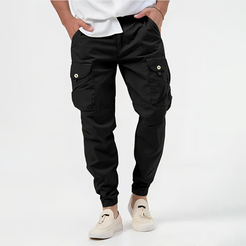 Performance men's flex cargo joggers. Stretch bottoms for athletic activities & everyday comfort.