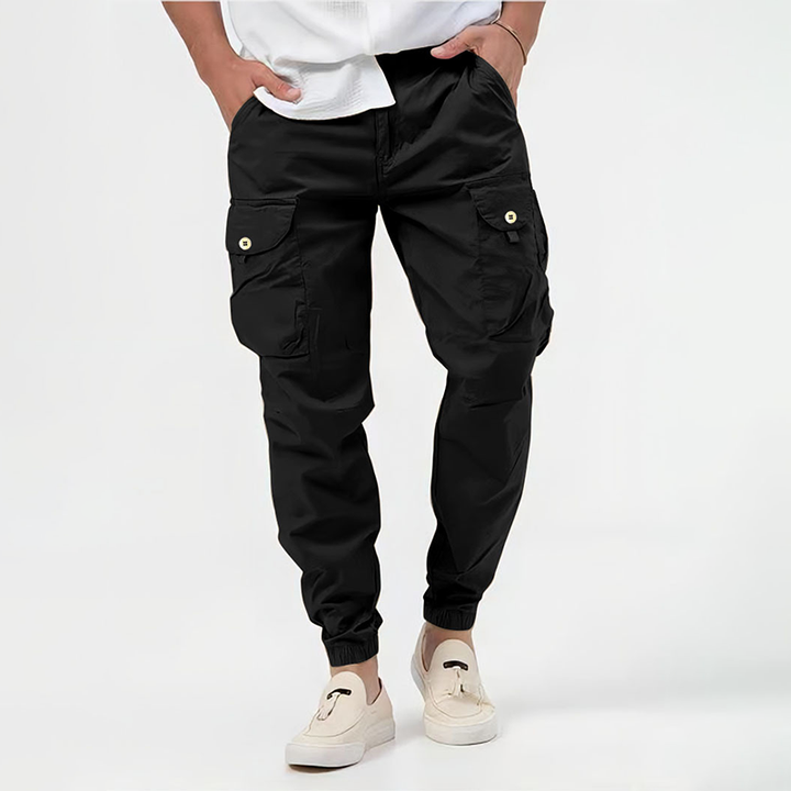 Performance men's flex cargo joggers. Stretch bottoms for athletic activities & everyday comfort.