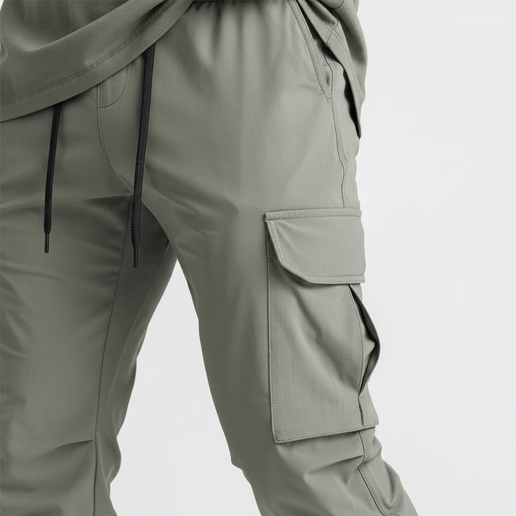 Tapered fit men's athletic joggers with flexible stretch fabric & practical cargo pockets.