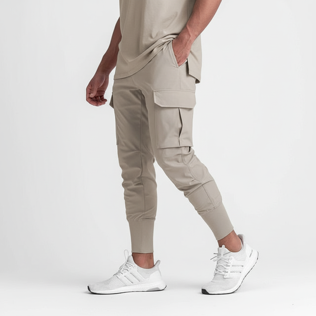 Comfortable men's stretch pants, tapered fit for athletic & casual wear, with secure pockets.