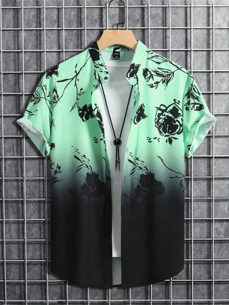 Men's floral short-sleeve collared shirt. Casual summer print for modern men's fashion. Relaxed fit.