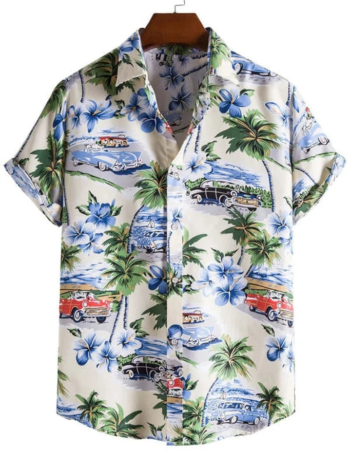 Relaxed fit men's floral print button-up shirt with a stylish camp collar & short sleeves. Ideal for summer.