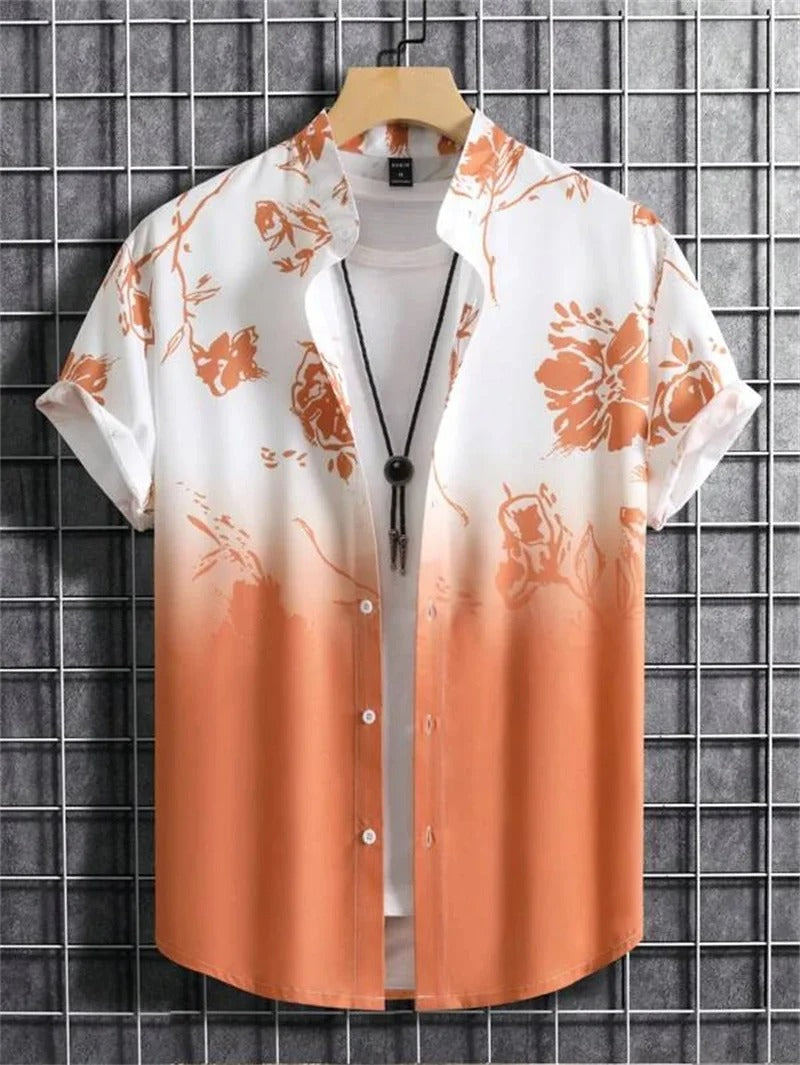 Trendy men's floral print short-sleeve shirt. A collared button-up for casual summer fashion & relaxed wear.
