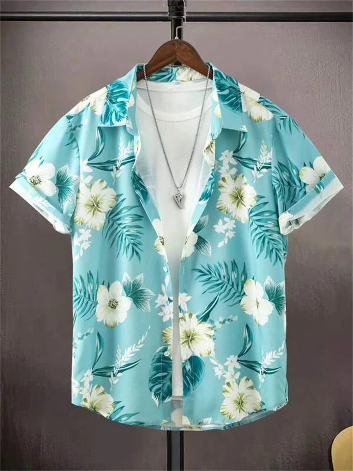 Men's short-sleeve collared floral print shirt. A relaxed fit button-up for trendy summer casual fashion.