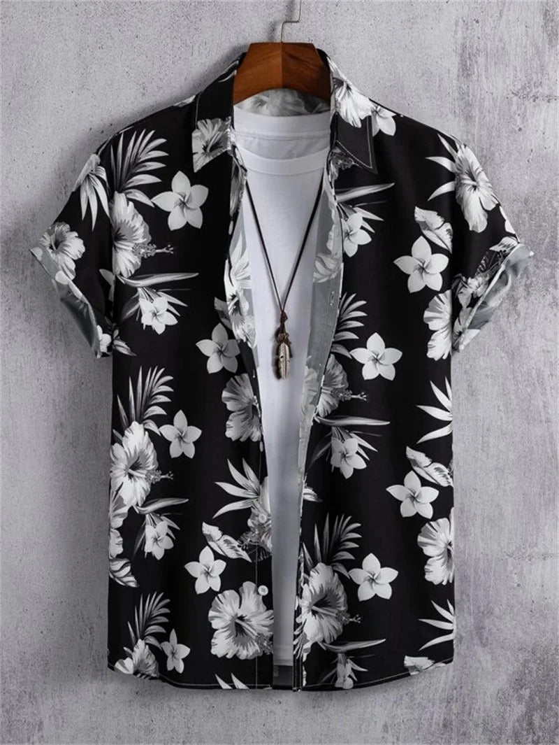 Men's collared floral short-sleeve shirt, button-up. Comfortable & stylish for summer casual wear.