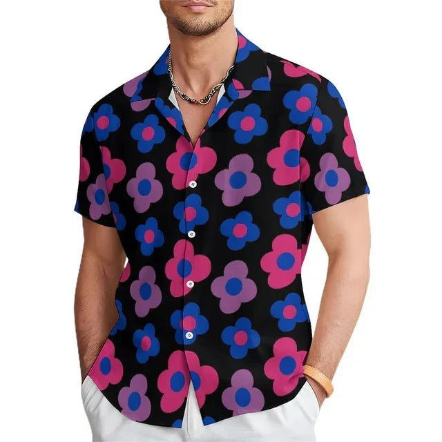 Men's floral print summer shirt with a notched collar, short sleeves, and vibrant pattern, ideal for casual wear.