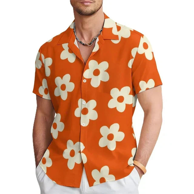 Stylish men's floral button-up shirt for summer, featuring a vibrant print and notched collar, perfect for holidays.