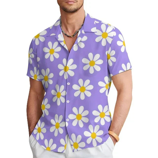 Vibrant floral print men's summer shirt with a comfortable notched collar and short sleeves for a relaxed, casual look.