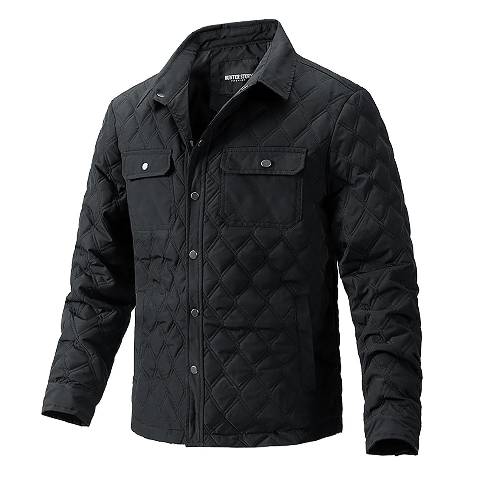 Khaki men's Forge quilted utility jacket with snap closure, chest pockets. Rugged casual outerwear.