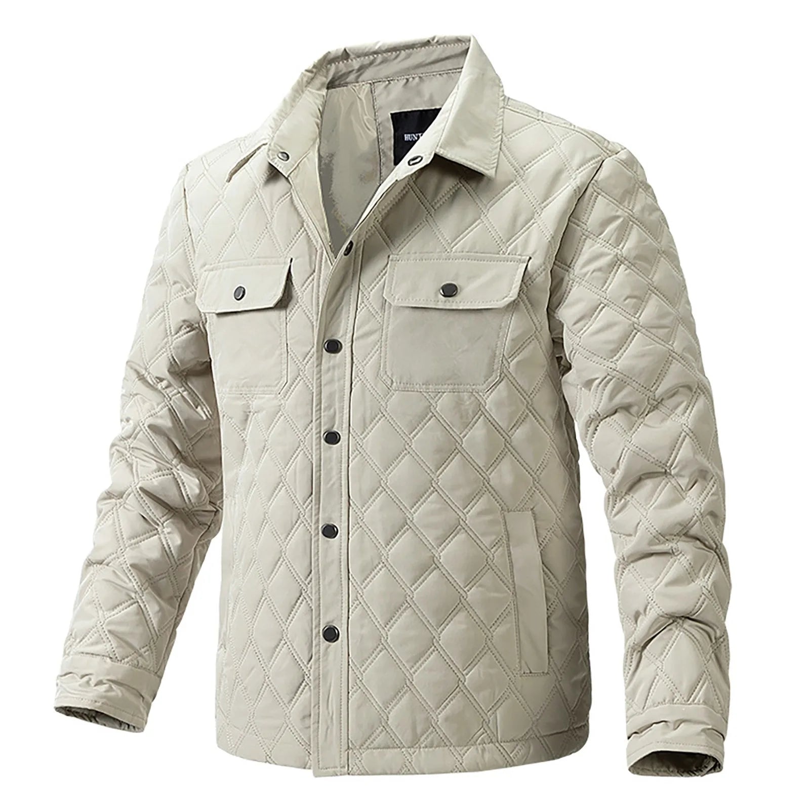 Blue men's Forge quilted jacket, rugged & stylish outerwear with snap closure & chest pockets.