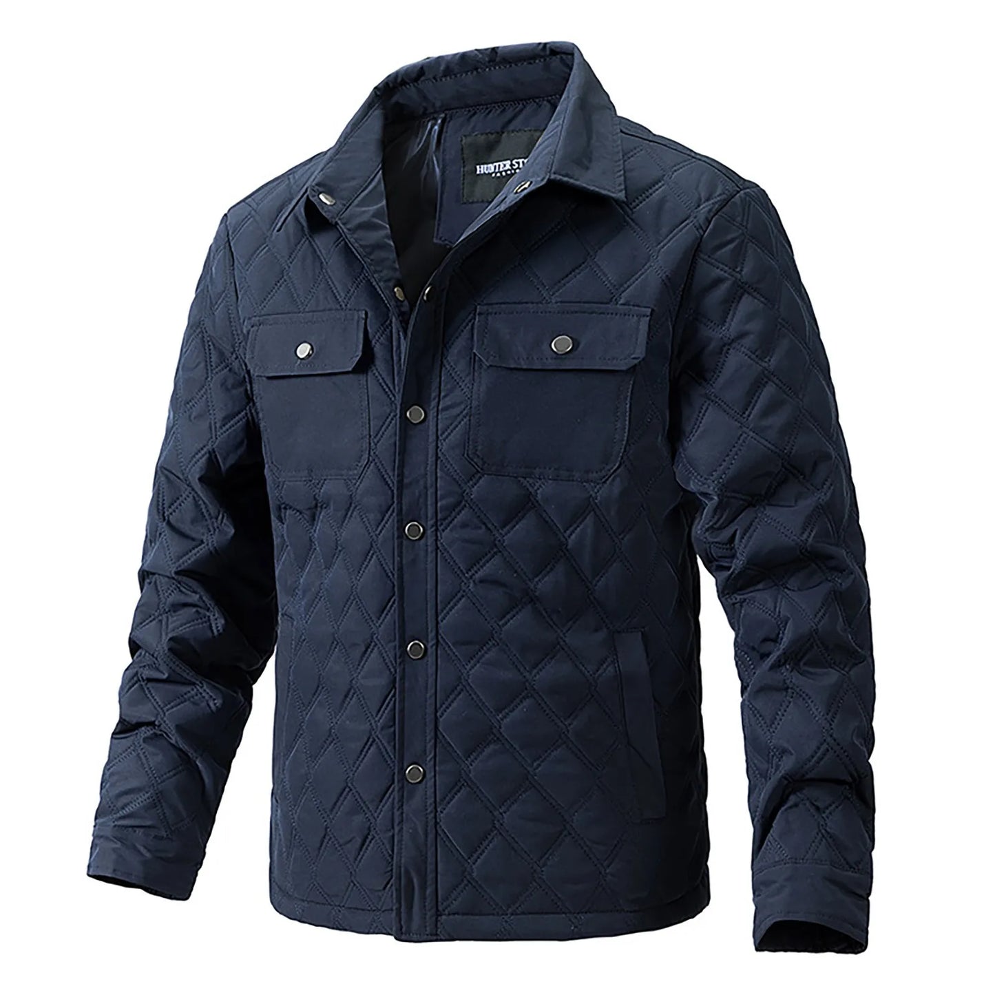 Black men's Forge lightweight quilted utility jacket, rugged style, snap closure. Casual.