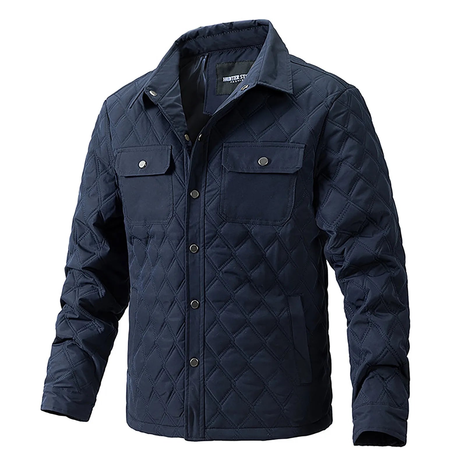 Black men's Forge lightweight quilted utility jacket, rugged style, snap closure. Casual.